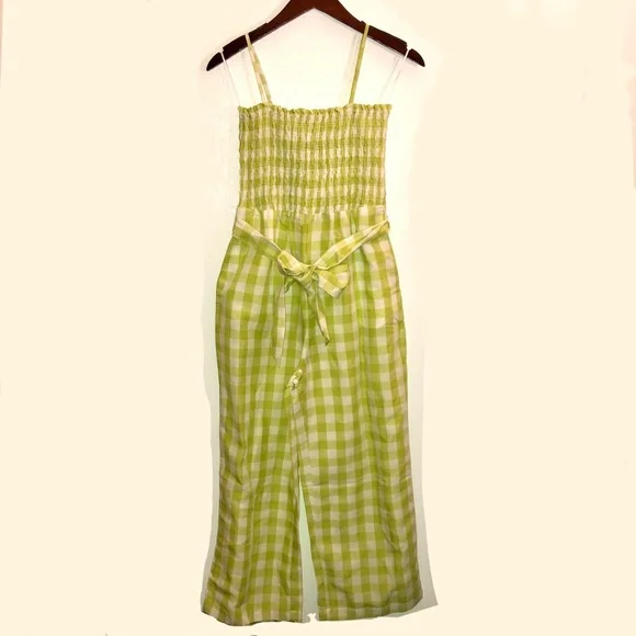 NWT HOUSE OF HARLOW 1960 LINEN SMOCKED GINGHAM JUMPSUIT (SIZE SMALL) - Picture 1 of 5